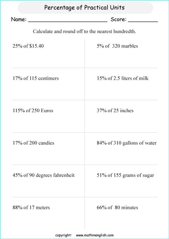 caculate percentage rounding off math worksheets for grade 1 to 6 