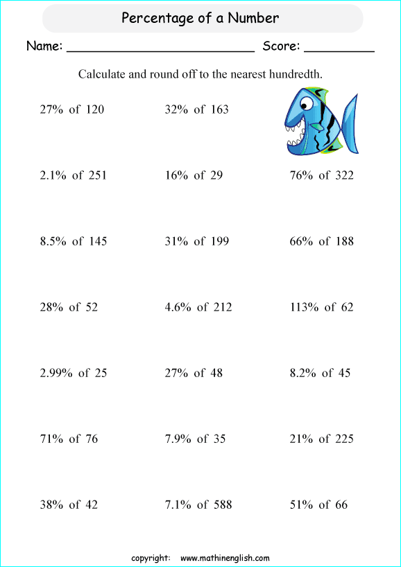 caculate percentage rounding off math worksheets for grade 1 to 6 