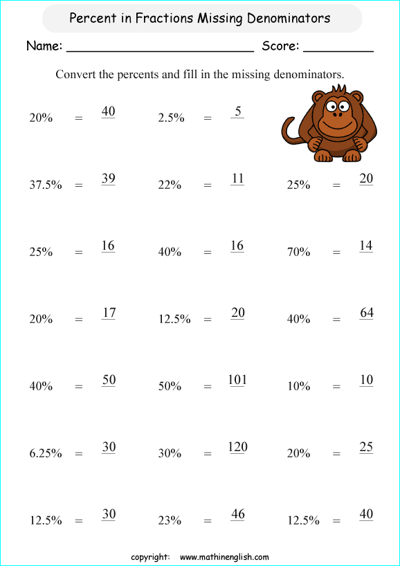 printable fraction conversion in percents worksheets for kids in primary and elementary math class 