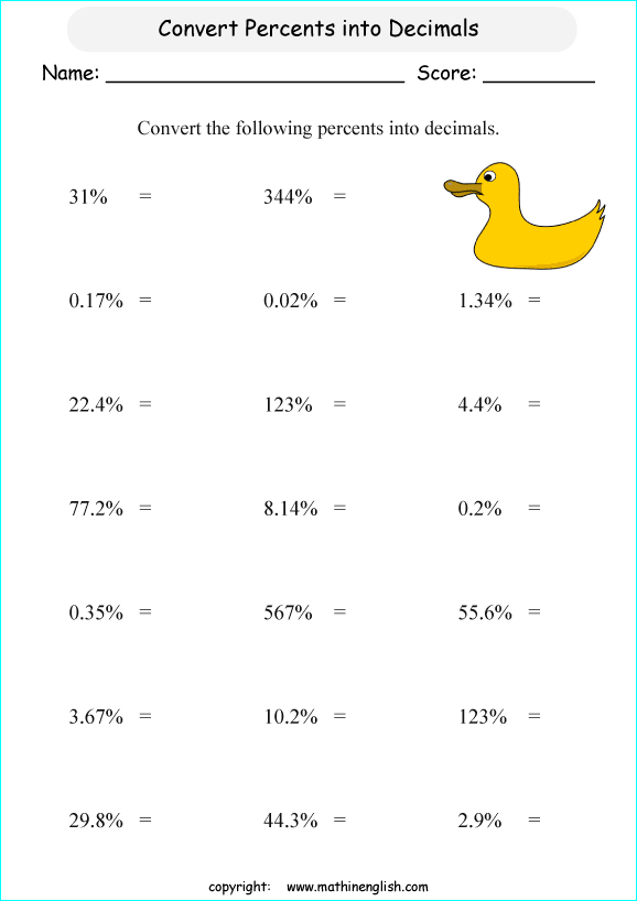 percentage decimals conversion math worksheets for grade 1 to 6 