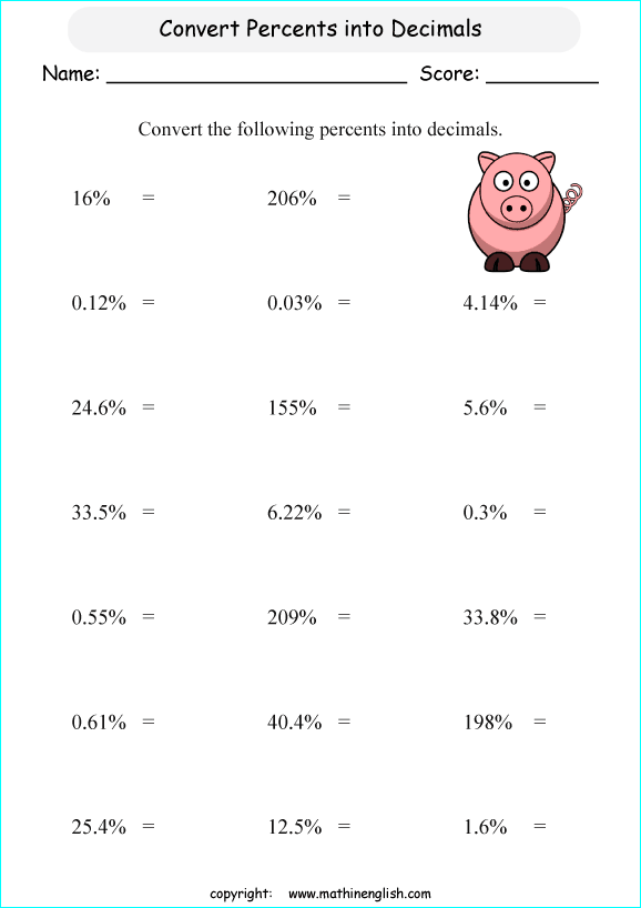 decimal into percents worksheets for grade 1 to 6 