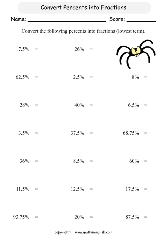 percentage  fractions conversion math worksheets for grade 1 to 6 