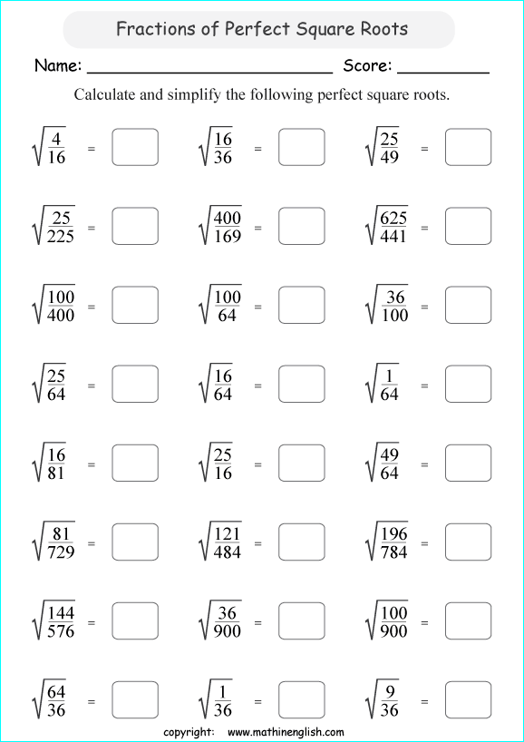 square roots of fractions math worksheets for grade 1 to 6 