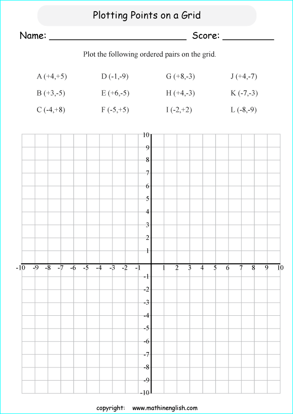Plotting pairs on grids math worksheet for math class 6 or 7 students