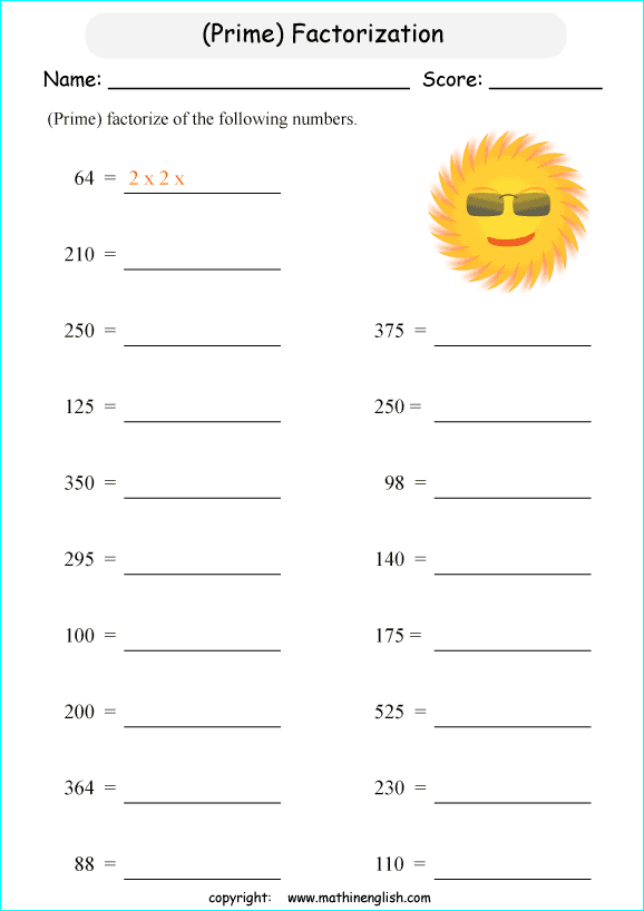 Prime factorization worksheet of numbers up to 1,000. Grade 6 math