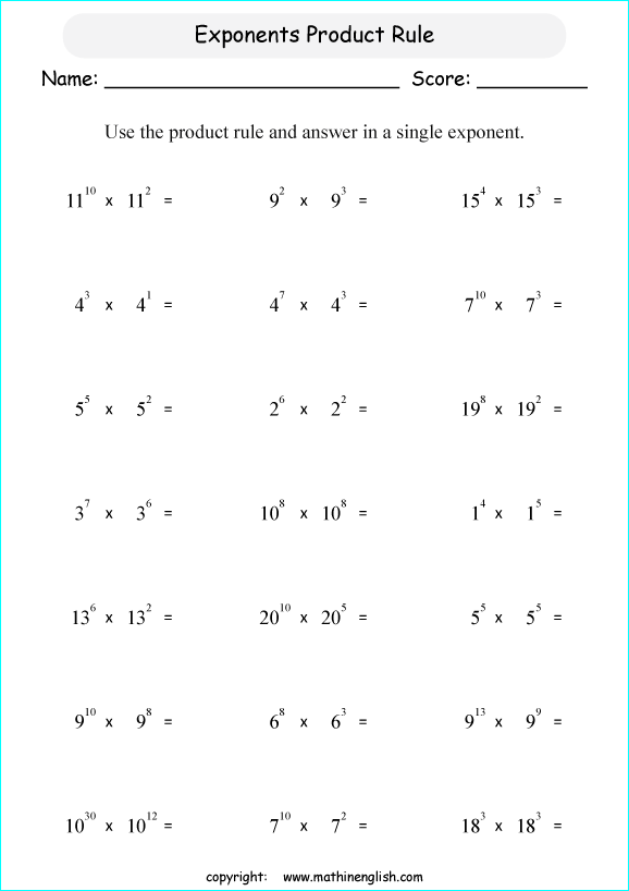 operations with exponents math worksheets for grade 1 to 6 