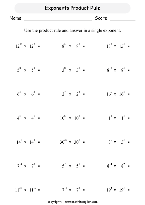 Product Rule For Exponents Worksheet