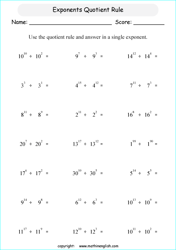 printable math dividing exponents worksheets for kids in primary and elementary math class 