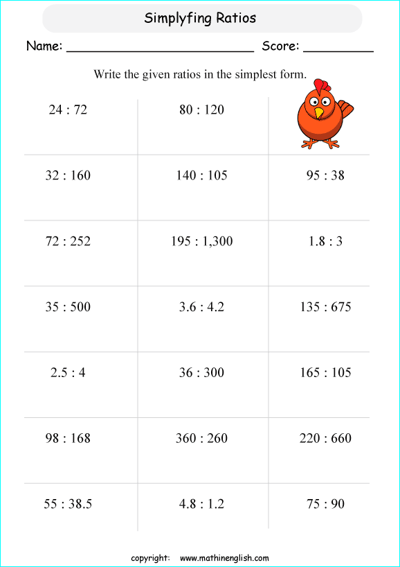 Reduce these ratios to the simplest form math worksheet for grade 6