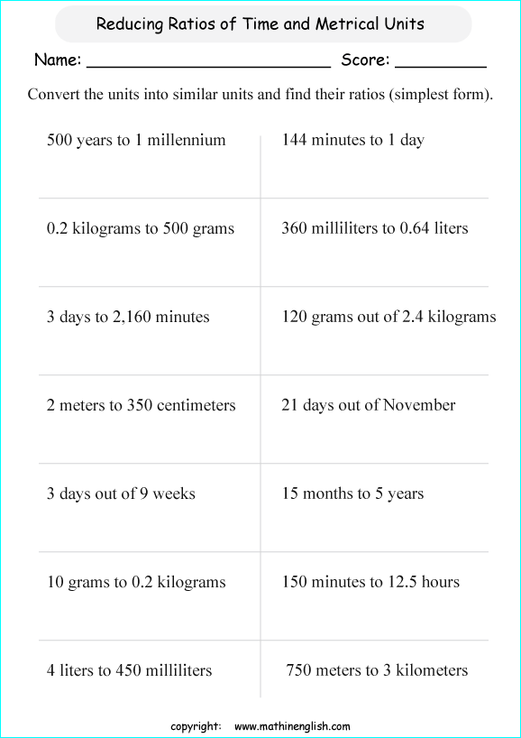 simplifying ratios math worksheets for grade 1 to 6 