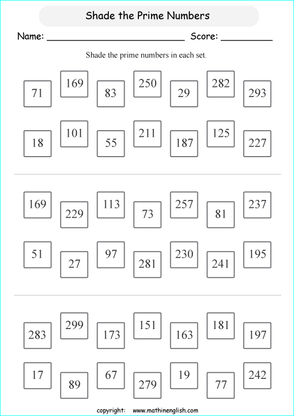 Shade in each set the prime numbers up to 300. Some numbers are