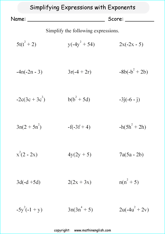 symplifying algebraic expressions worksheets for primary math