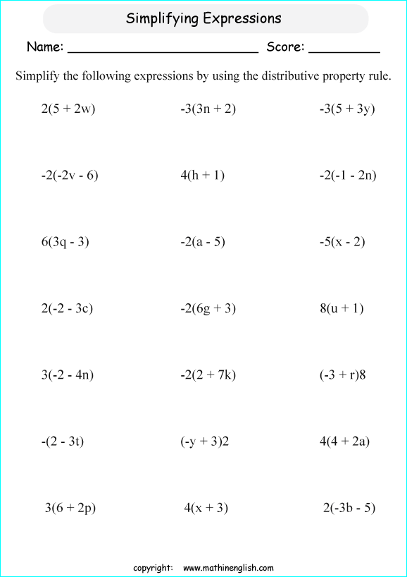 symplifying algebraic expressions worksheets for primary math