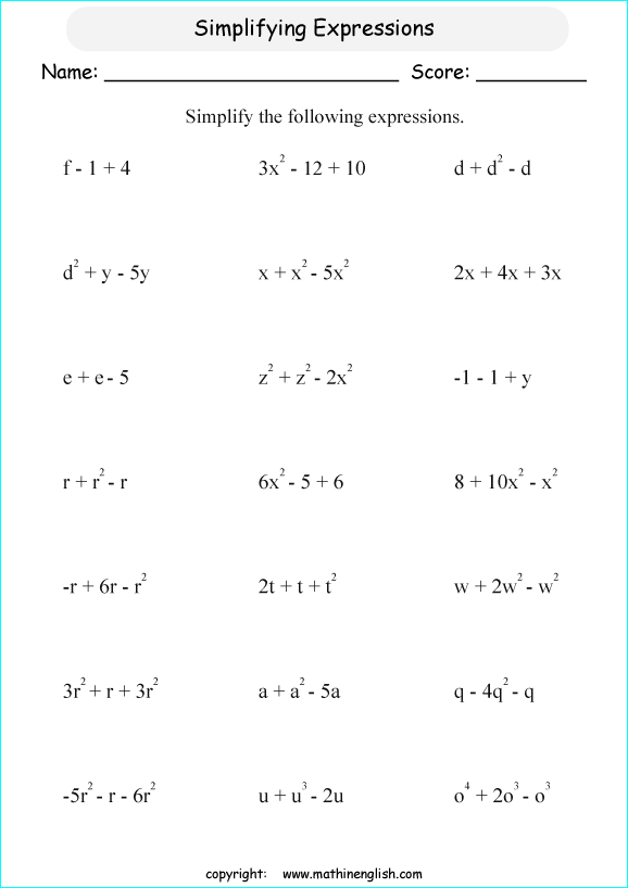 symplifying algebraic expressions worksheets for primary math