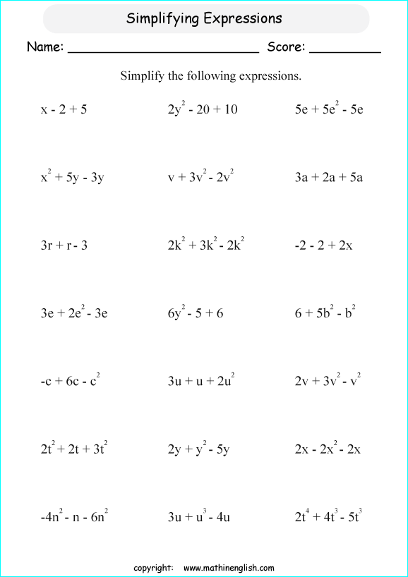 symplifying algebraic expressions worksheets for primary math