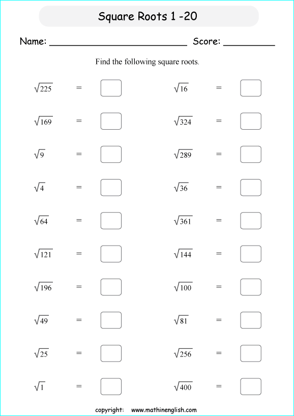 Square root worksheet for grade 6 and up. Find the square roots of 1 to