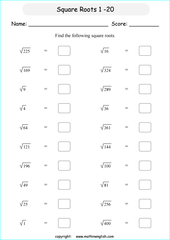 finding square roots math worksheets for grade 1 to 6 