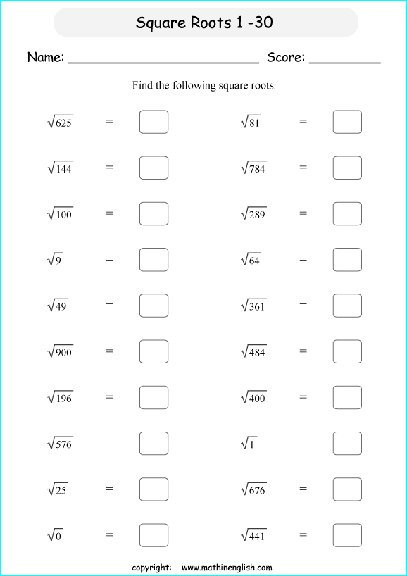 finding square roots math worksheets for grade 1 to 6 