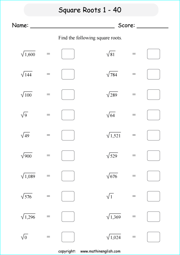 Square root worksheet for grade 6 and up. Find the square roots of 1 to