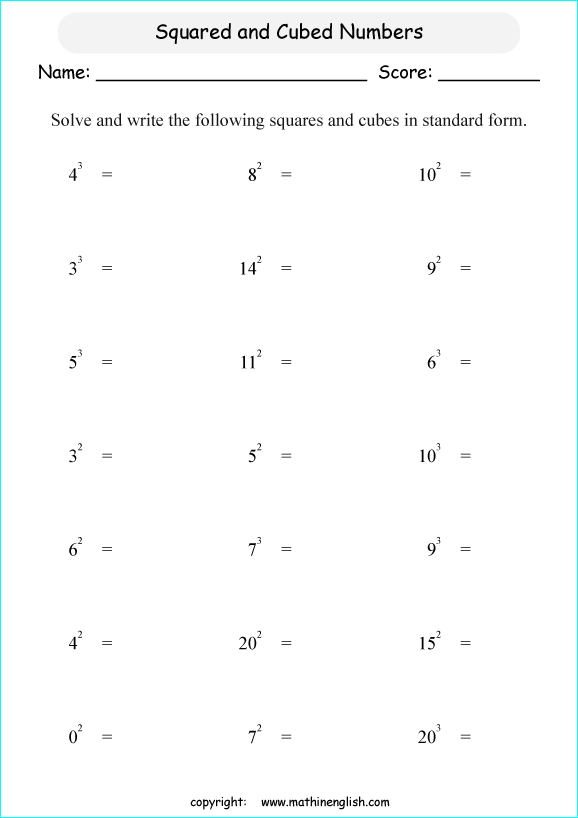 basic exponents math worksheets for grade 1 to 6 