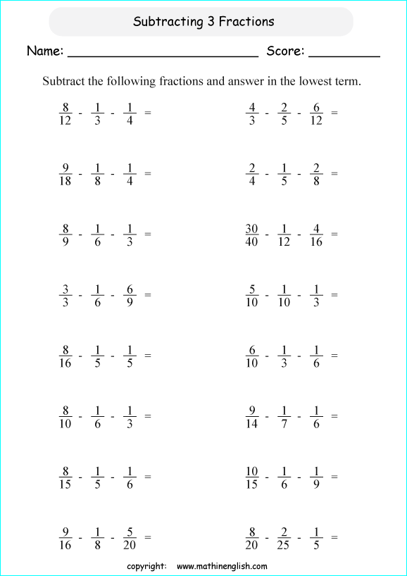 printable math unlike fraction subtraction worksheets for kids in primary and elementary math class 