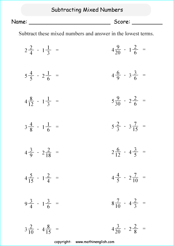 printable math unlike fraction subtraction worksheets for kids in primary and elementary math class 