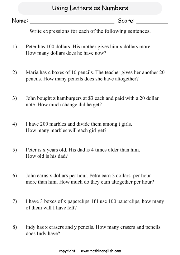 writing algebraic expressions worksheets for primary math