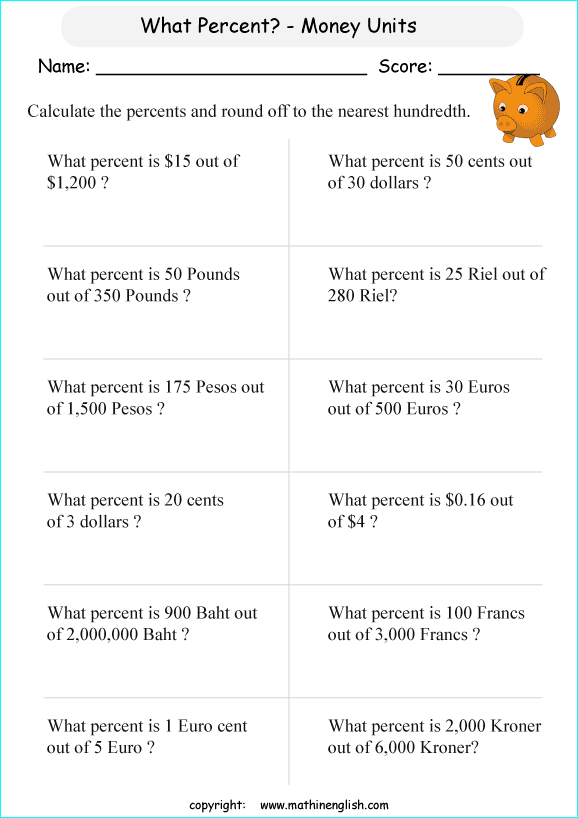 what percent math worksheets for grade 1 to 6 