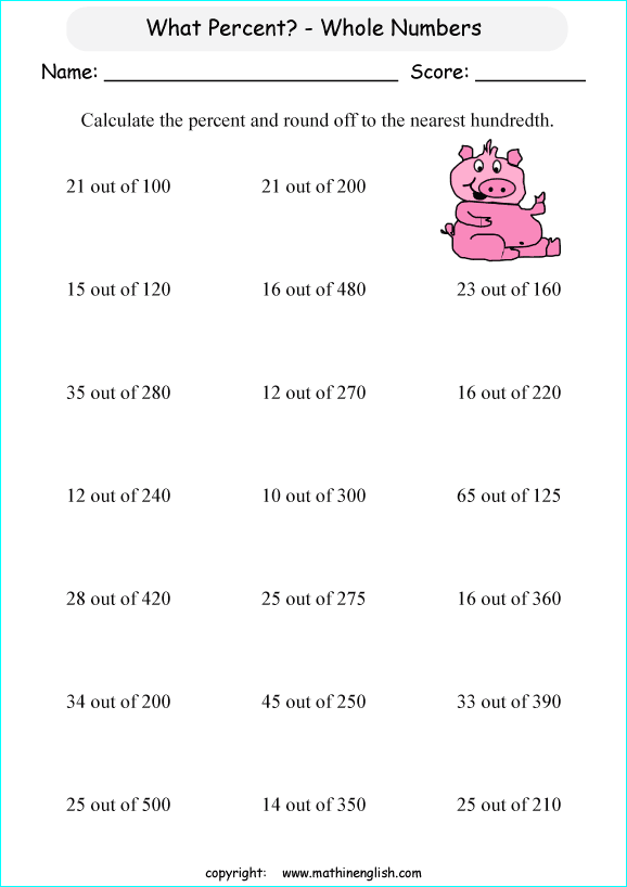what percent math worksheets for grade 1 to 6 