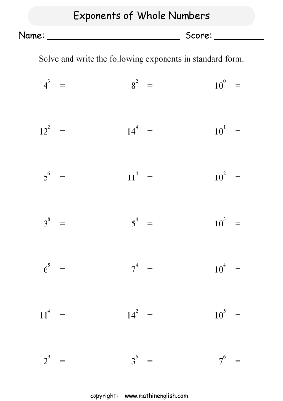 basic exponents math worksheets for grade 1 to 6 