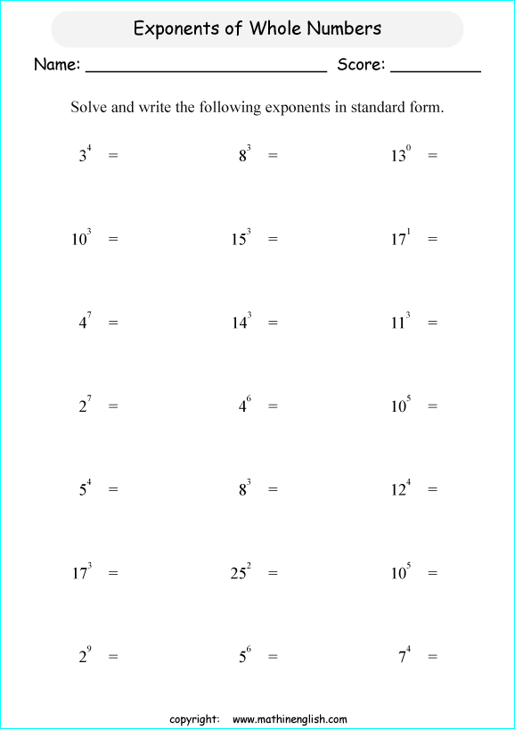 basic exponents math worksheets for grade 1 to 6 