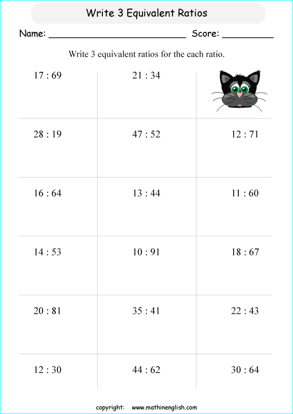 equivalent ratios math worksheets for grade 1 to 6 