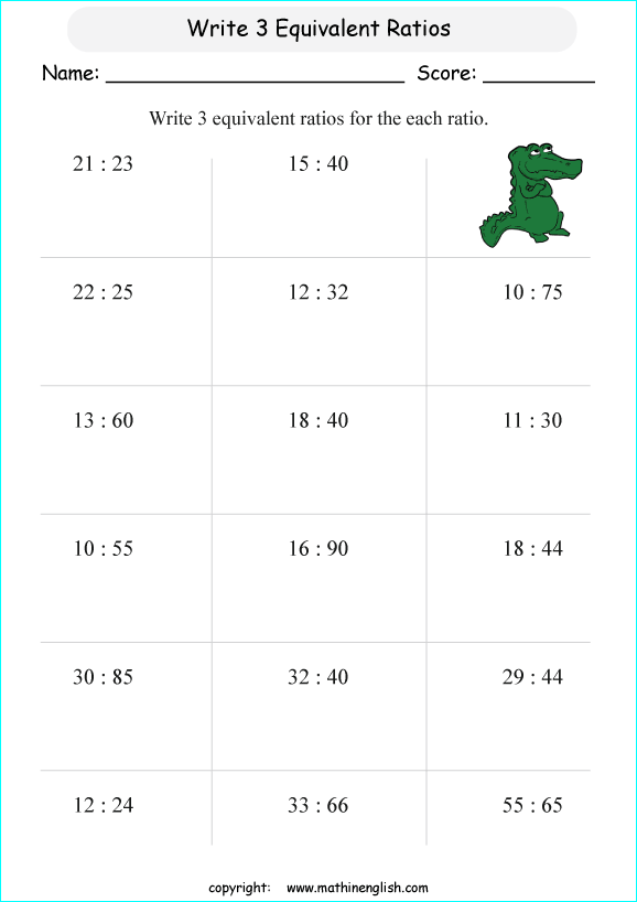 equivalent ratios math worksheets for grade 1 to 6 