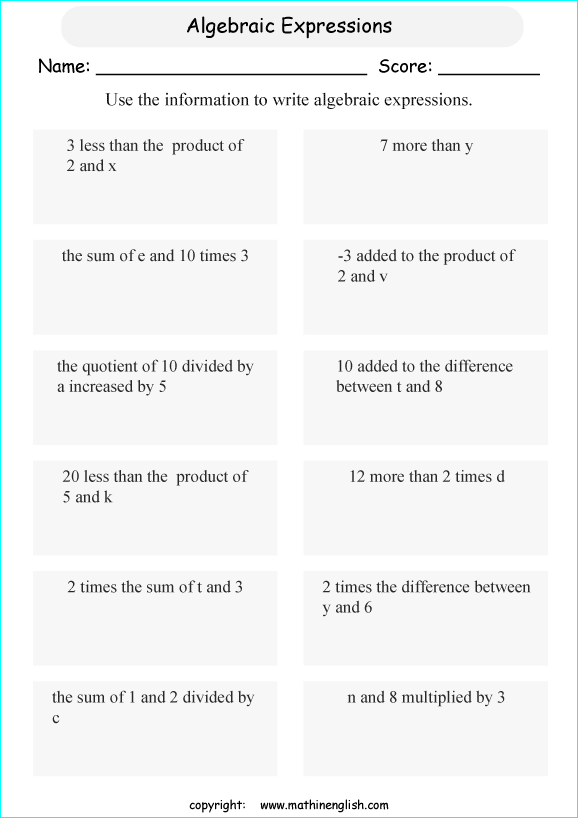 writing algebraic expressions worksheets for primary math