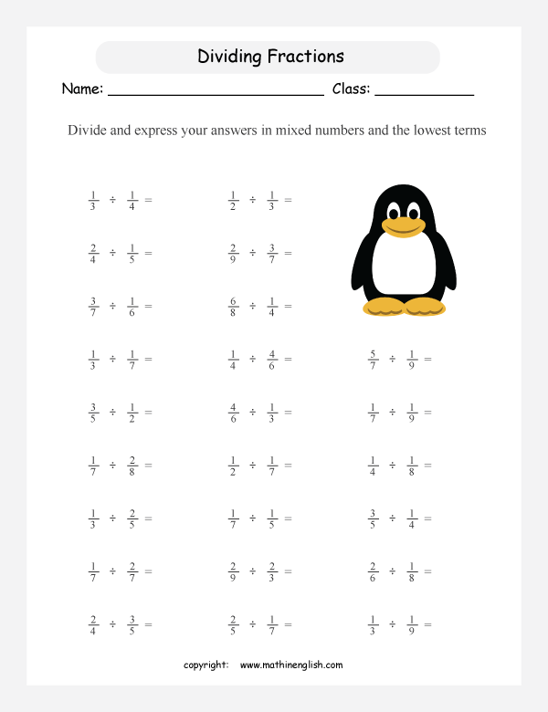 printable dividing fractions worksheets for kids in primary and elementary math class 