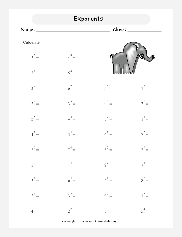 basic exponents math worksheets for grade 1 to 6 