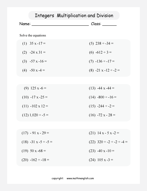 mixed operation with integers worksheets for primary math