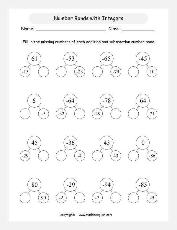 addition subtraction of integers worksheets for primary math