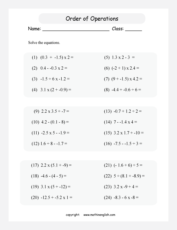 Use The BODMAS Rules To Solve The Equations With Decimals Negative Numbers And Brackets 