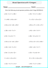Math worksheets with integers and negative numbers.