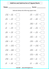 adding and subtracting square roots math worksheets for grade 1 to 6 