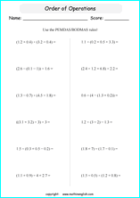 order of operations with fractions worksheets for grade 1 to 6 