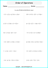 order of operations with fractions worksheets for grade 1 to 6 
