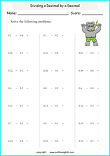 dividing decimals worksheets for grade 1 to 6 