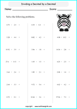 dividing decimals worksheets for grade 1 to 6 