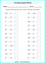 printable dividing square rots worksheets for kids in primary and elementary math class 