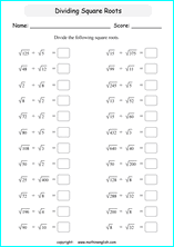 Divide perfect square roots by square roots math worksheet for grade 6
