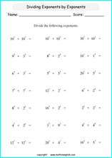 printable math dividing exponents worksheets for kids in primary and elementary math class 