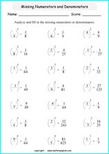 printable fraction exponents worksheets for kids in primary and elementary math class 