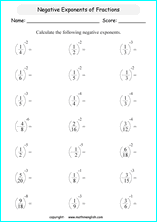 printable fraction exponents worksheets for kids in primary and elementary math class 